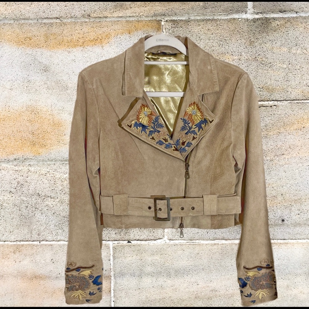 Vintage Suede Embroidered Jacket Taupe Sz Medium